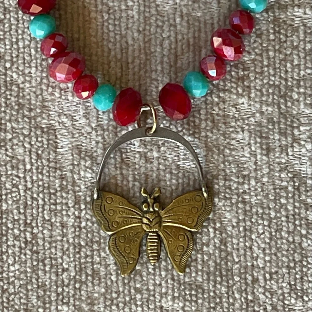 Faceted Crystal Bead Necklace Vintage 70’s Butterfly Moth Pendant
